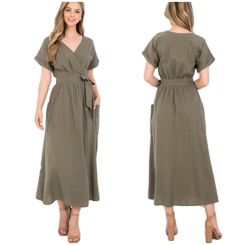 LAST ONE❗ILLA ILLA Chic Olive Surplice Wrap Around Midi Dress - Picture 8 of 10